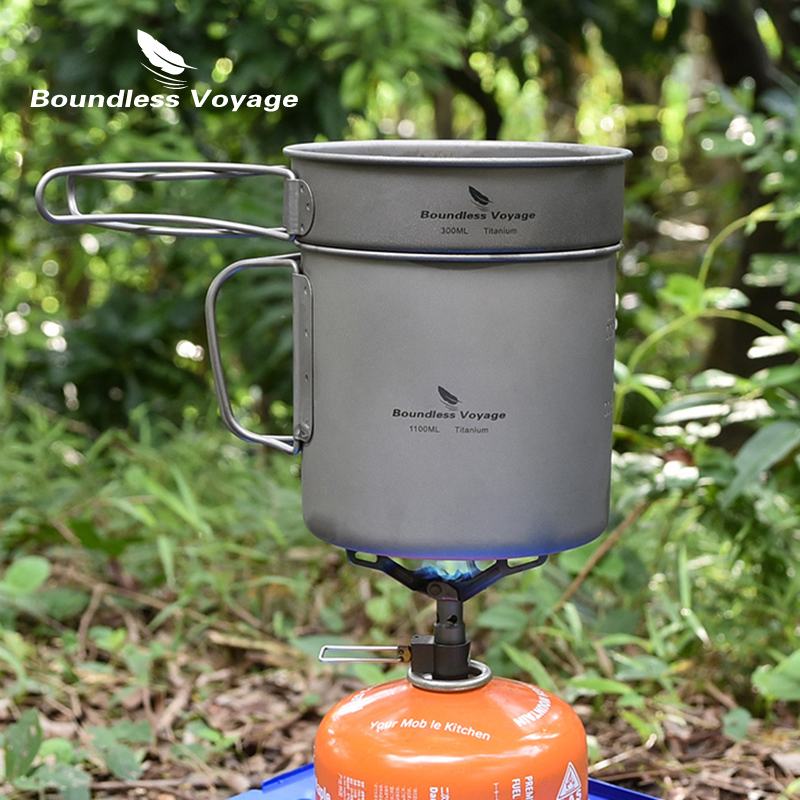 Titanium Cooking Pot Pan Mess Kit - Titanium campingkookset met inklapbare handgrepen Bacteriostatisch