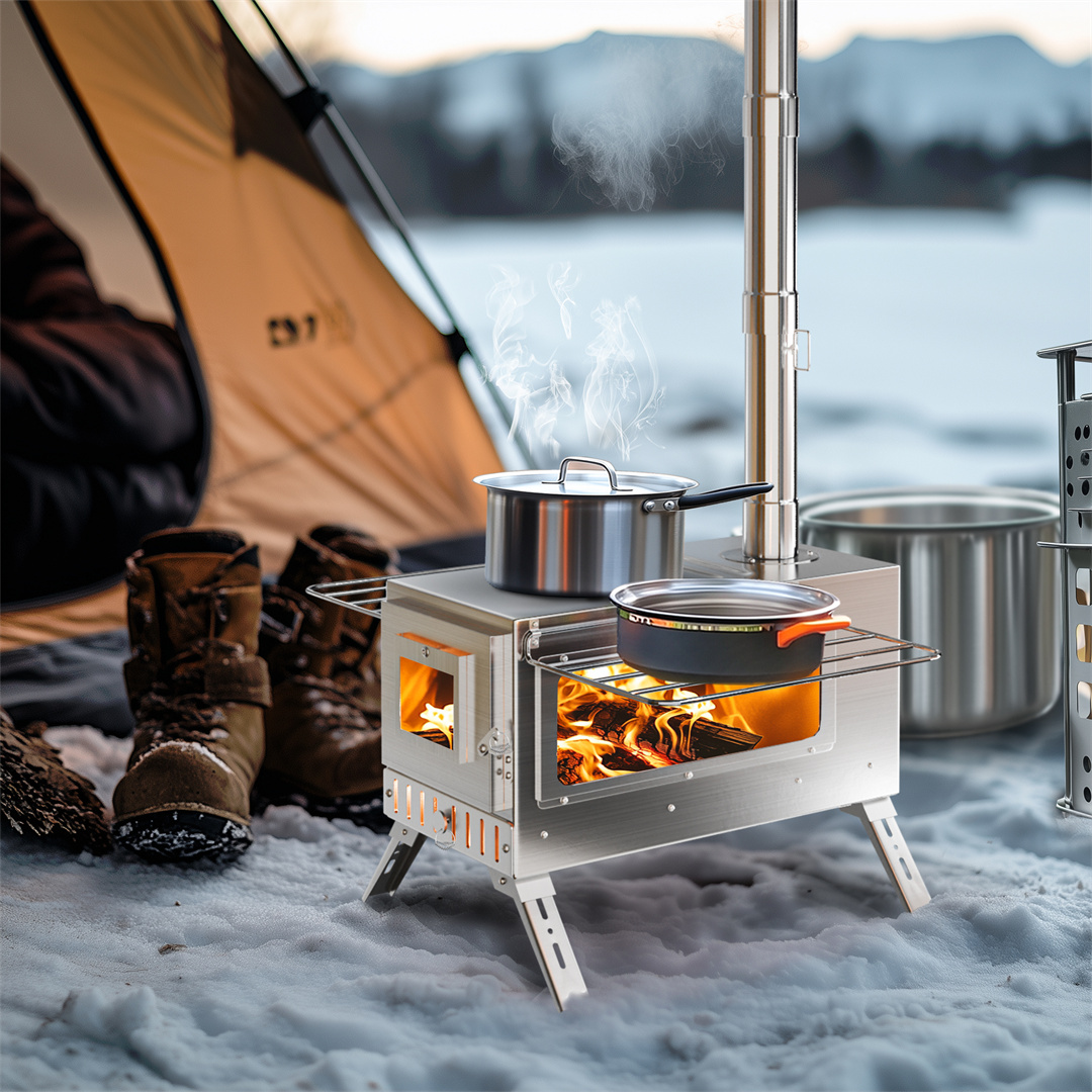 Hot Tent Wood Stove With Chimney Pipe - Hete tentkachel, roestvrijstalen houtgestookte campingkachel met